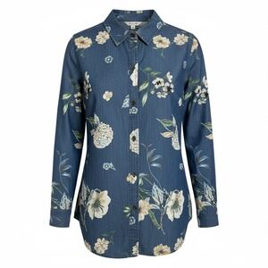 Denim Floral Print Long Sleeve Button Down‎ Shirt Women's Size L
